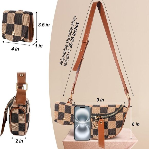 Stylish Checkerboard Crossbody Bag for Women - Spacious Fanny Pack with Pouches - Picture 3 of 6